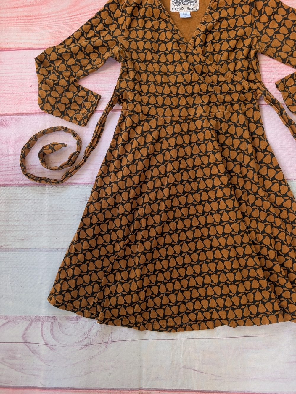 Effie’s Heart Pear Print Dress | Brown Jersey Knit Midi with Tie Waist XL - Picture 3 of 10